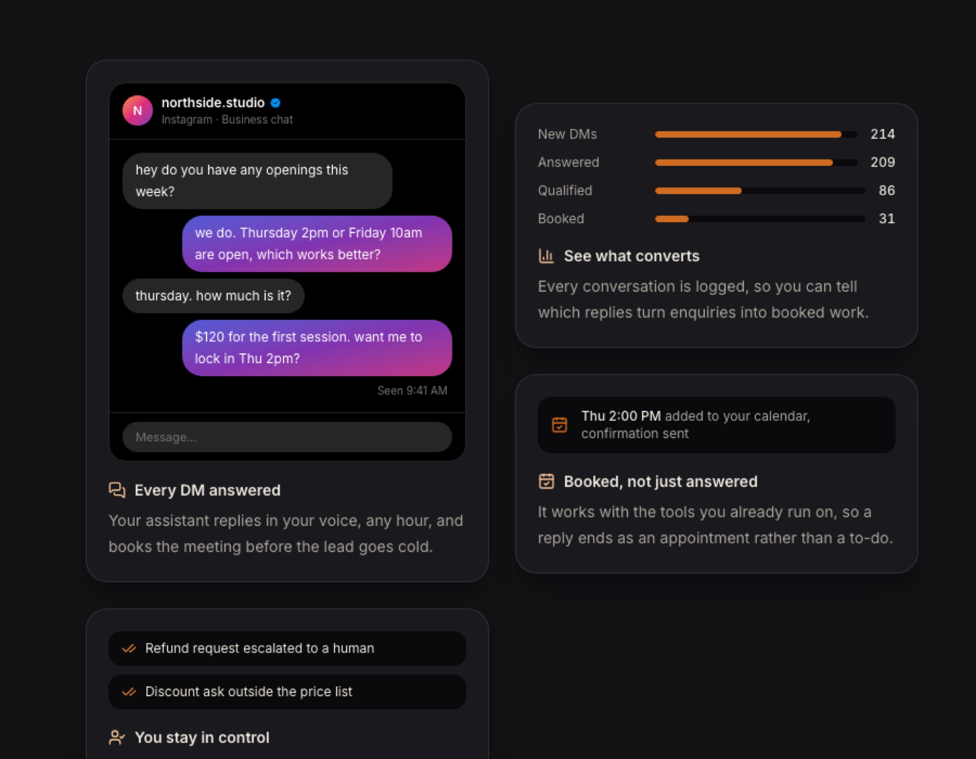 AI VAs public showcase: an Instagram business chat booking a Thursday session, conversion bars, calendar confirmation, and off-script escalations to a human.