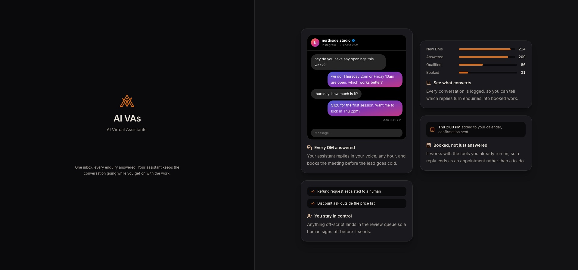 The public aivas.cloud sign-in page with the AI VAs mark, the promise “One inbox, every enquiry answered”, and a showcase of Instagram DM, review, analytics, and booking cards.