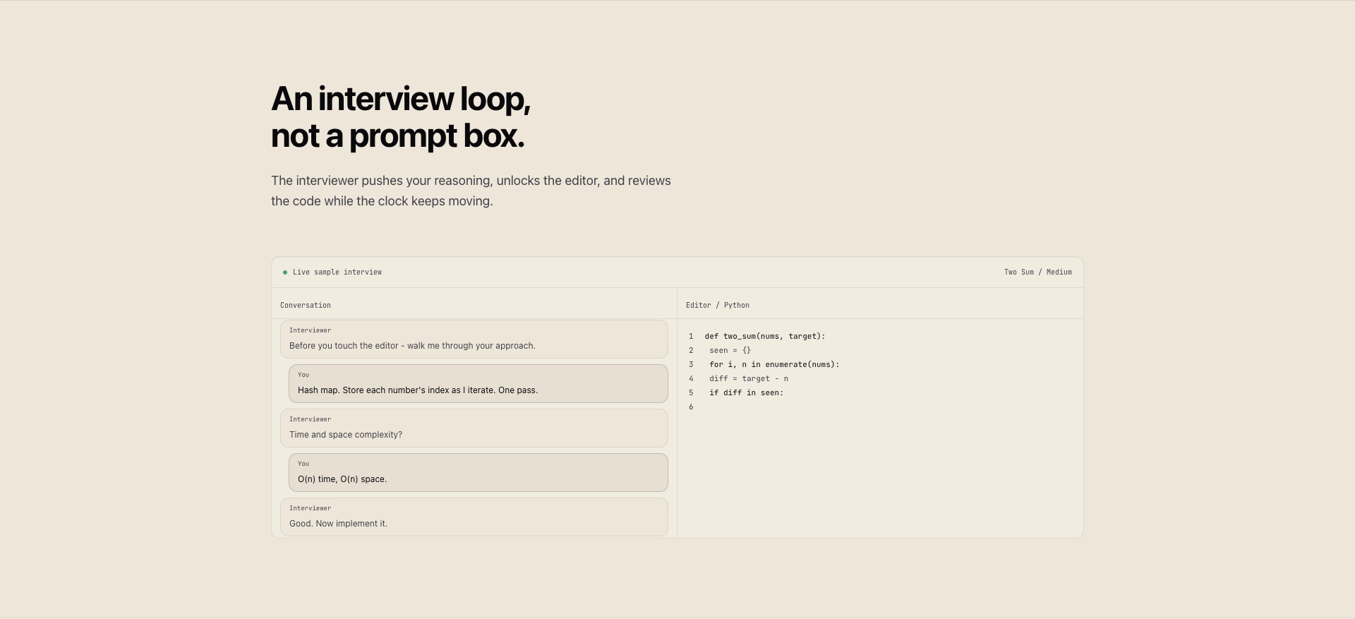 The James Peralta live sample interview: a conversation between interviewer and candidate beside a Python editor.