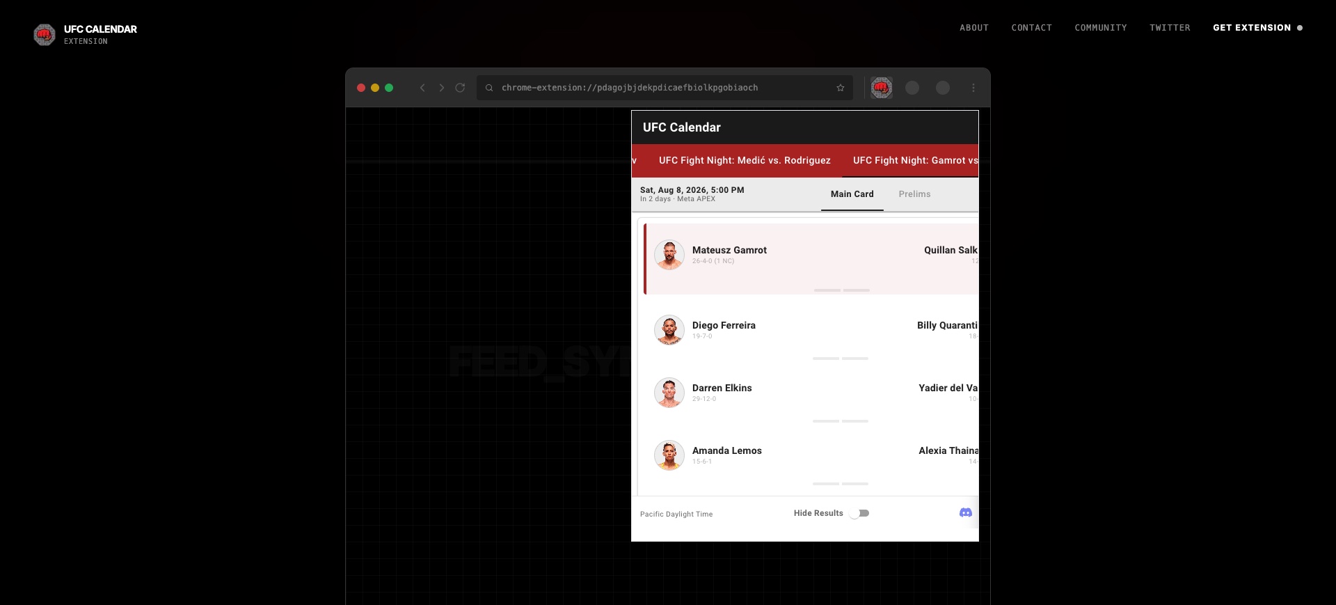 The UFC Calendar browser extension showing an upcoming fight card, local start time, fighter matchups, Main Card and Prelims tabs, and spoiler controls.